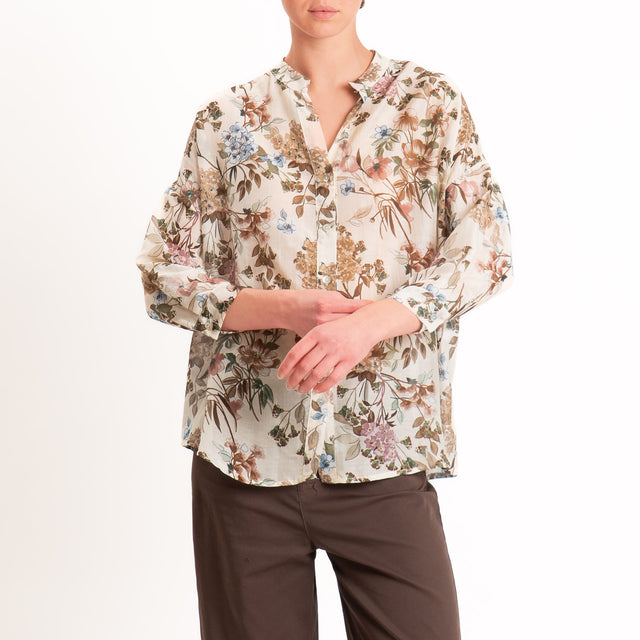 Zeroassoluto-Camicia MAIA mussola seta/cotone - floreale burro/choco/mauve