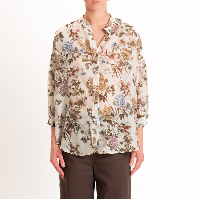 Zeroassoluto-Camicia MAIA mussola seta/cotone - floreale burro/choco/mauve