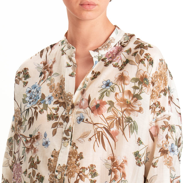 Zeroassoluto-Camicia MAIA mussola seta/cotone - floreale burro/choco/mauve