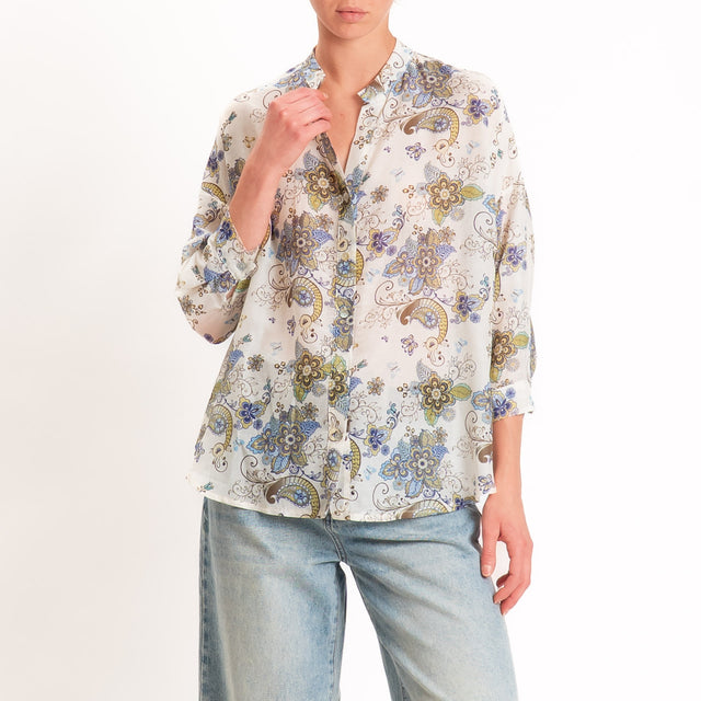 Zeroassoluto-Camicia MAIA mussola seta/cotone - floreale latte/blu/olio