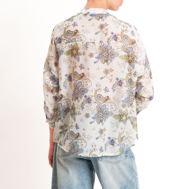 Zeroassoluto-Camicia MAIA mussola seta/cotone - floreale latte/blu/olio