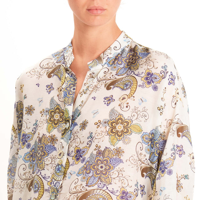 Zeroassoluto-Camicia MAIA mussola seta/cotone - floreale latte/blu/olio