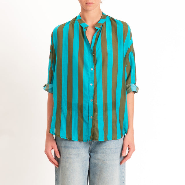 Zeroassoluto-Camicia MARA righe mussola seta/cotone - turchese/oliva
