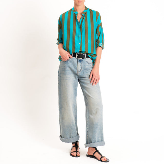 Zeroassoluto-Camicia MARA righe mussola seta/cotone - turchese/oliva