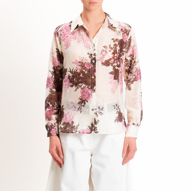 Zeroassoluto-Camicia MIA in mussola seta/cotone - fiori burro/moro/rosa