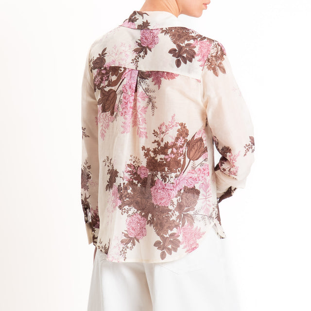 Zeroassoluto-Camicia MIA in mussola seta/cotone - fiori burro/moro/rosa
