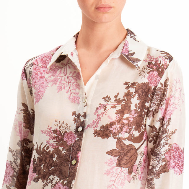 Zeroassoluto-Camicia MIA in mussola seta/cotone - fiori burro/moro/rosa