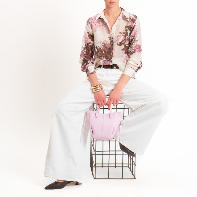 Zeroassoluto-Camicia MIA in mussola seta/cotone - fiori burro/moro/rosa