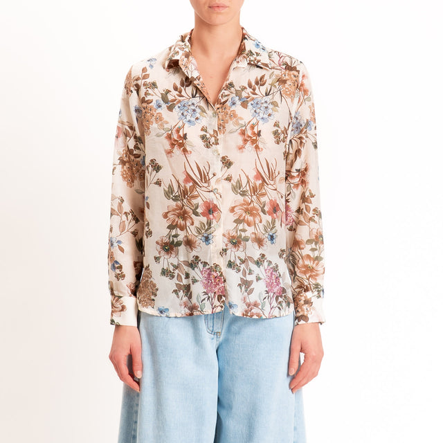 Zeroassoluto-Camicia MIA in mussola seta/cotone - floreale burro/choco/mauve