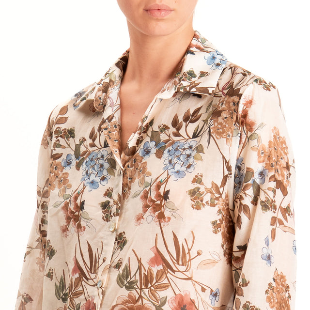 Zeroassoluto-Camicia MIA in mussola seta/cotone - floreale burro/choco/mauve