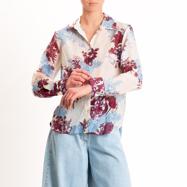 Zeroassoluto-Camicia MIA in mussola seta/cotone - fiori burro/jeans/malva