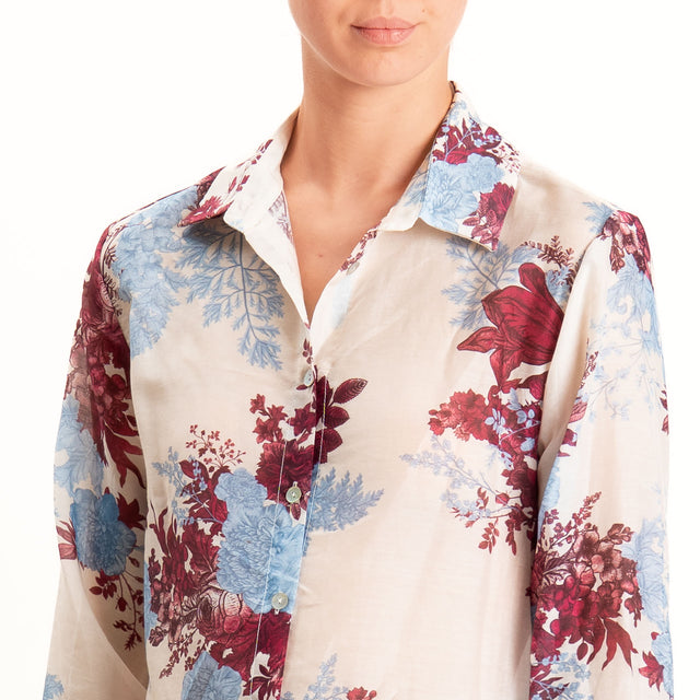 Zeroassoluto-Camicia MIA in mussola seta/cotone - fiori burro/jeans/malva