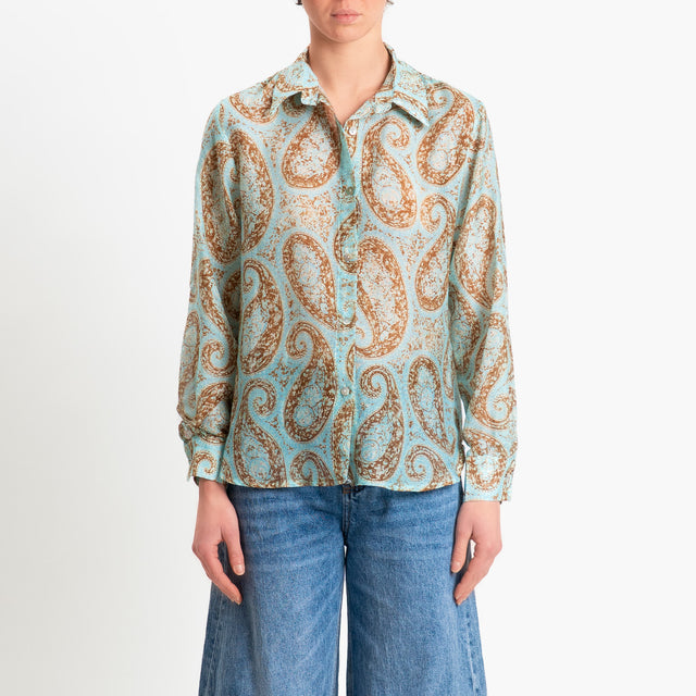 Zeroassoluto-Camicia MIA in mussola seta/cotone fantasia - cashmere turchese/biscotto