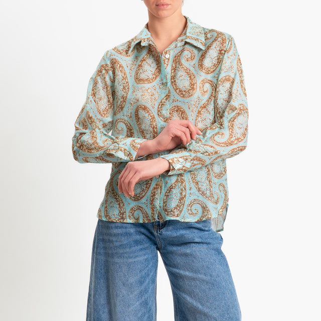 Zeroassoluto-Camicia MIA in mussola seta/cotone fantasia - cashmere turchese/biscotto