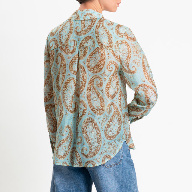 Zeroassoluto-Camicia MIA in mussola seta/cotone fantasia - cashmere turchese/biscotto