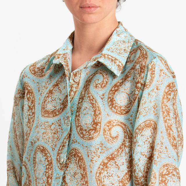 Zeroassoluto-Camicia MIA in mussola seta/cotone fantasia - cashmere turchese/biscotto