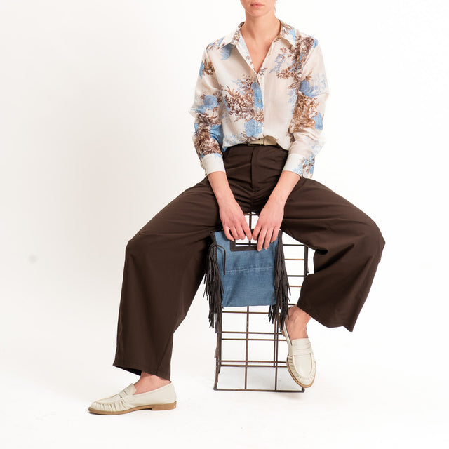 Zeroassoluto-Camicia MIA in mussola seta/cotone - fiori burro/jeans/choco