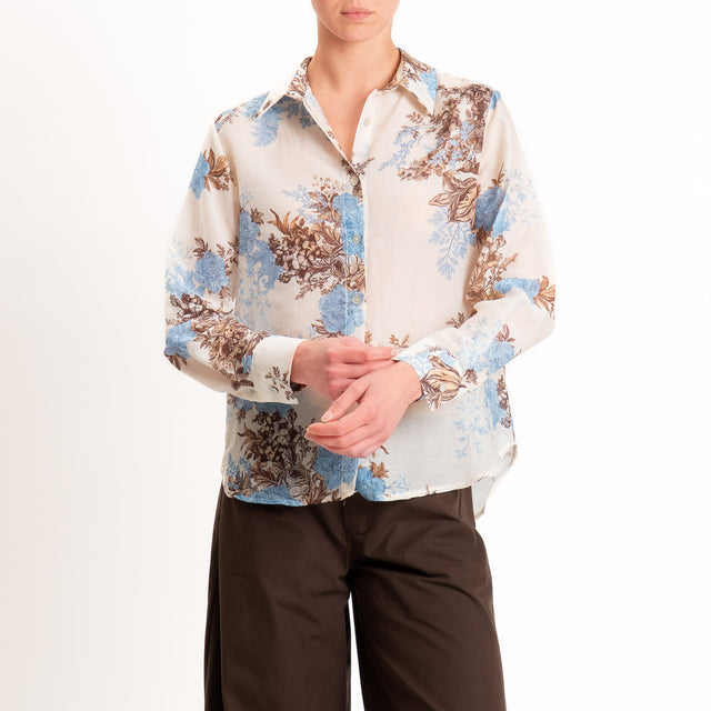 Zeroassoluto-Camicia MIA in mussola seta/cotone - fiori burro/jeans/choco