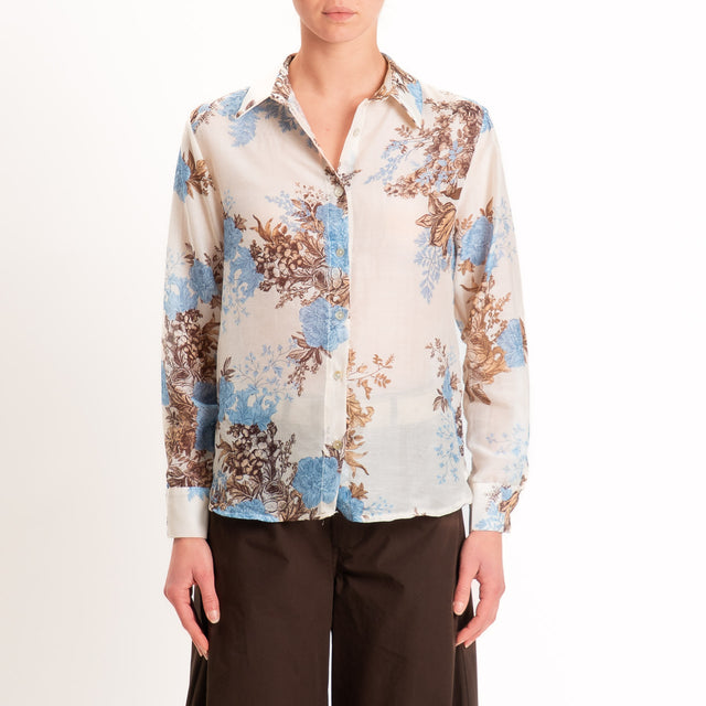 Zeroassoluto-Camicia MIA in mussola seta/cotone - fiori burro/jeans/choco