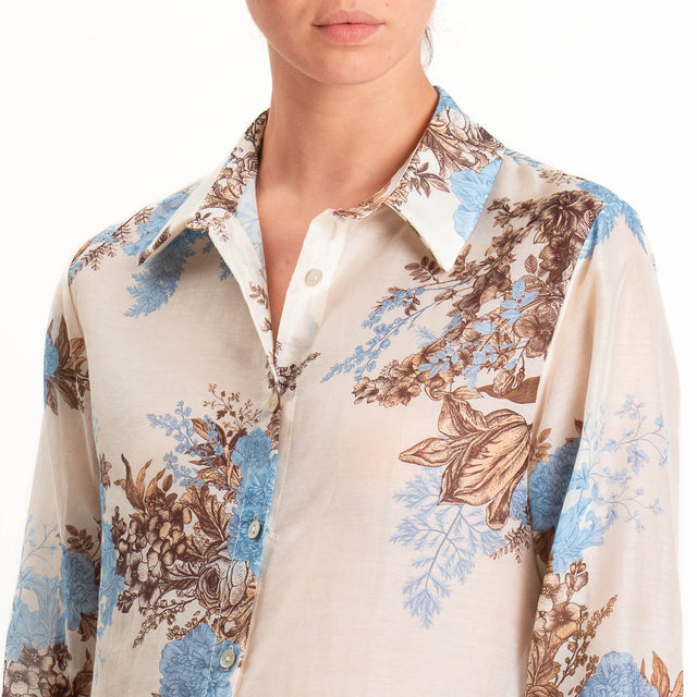 Zeroassoluto-Camicia MIA in mussola seta/cotone - fiori burro/jeans/choco