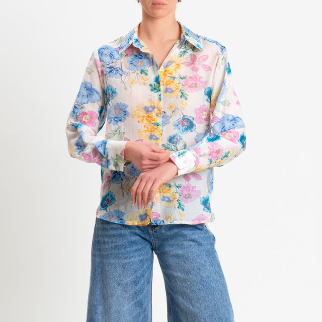 Zeroassoluto-Camicia MIA in mussola seta/cotone fantasia - floreale latte/azzurro/pink