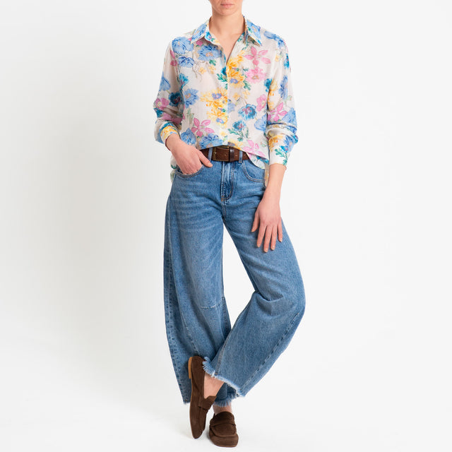 Zeroassoluto-Camicia MIA in mussola seta/cotone fantasia - floreale latte/azzurro/pink