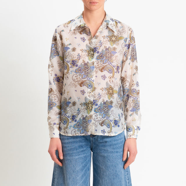 Zeroassoluto-Camicia MIA in mussola seta/cotone fantasia - floreale latte/blu/olio