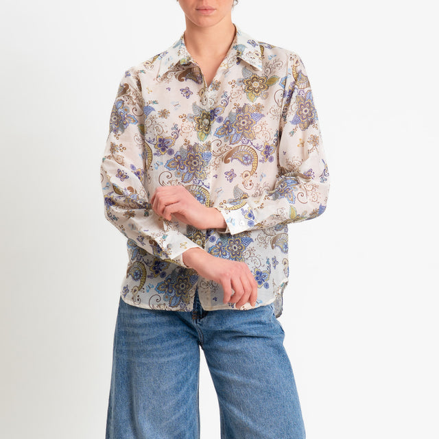 Zeroassoluto-Camicia MIA in mussola seta/cotone fantasia - floreale latte/blu/olio