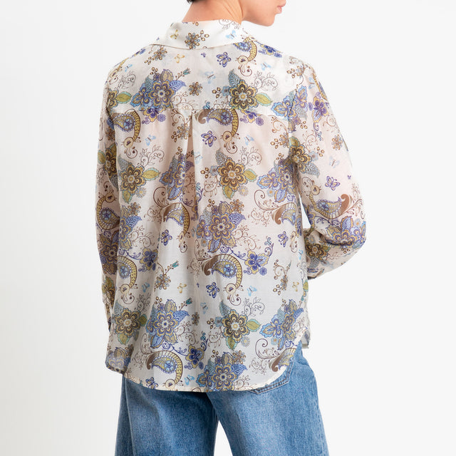 Zeroassoluto-Camicia MIA in mussola seta/cotone fantasia - floreale latte/blu/olio