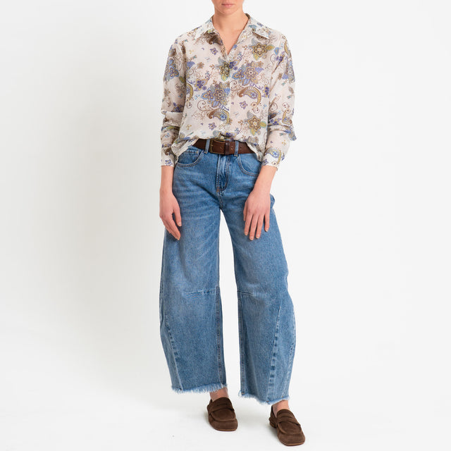 Zeroassoluto-Camicia MIA in mussola seta/cotone fantasia - floreale latte/blu/olio