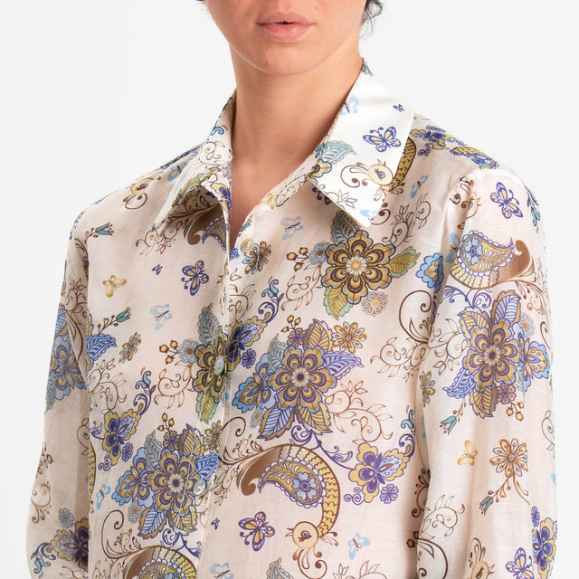 Zeroassoluto-Camicia MIA in mussola seta/cotone fantasia - floreale latte/blu/olio