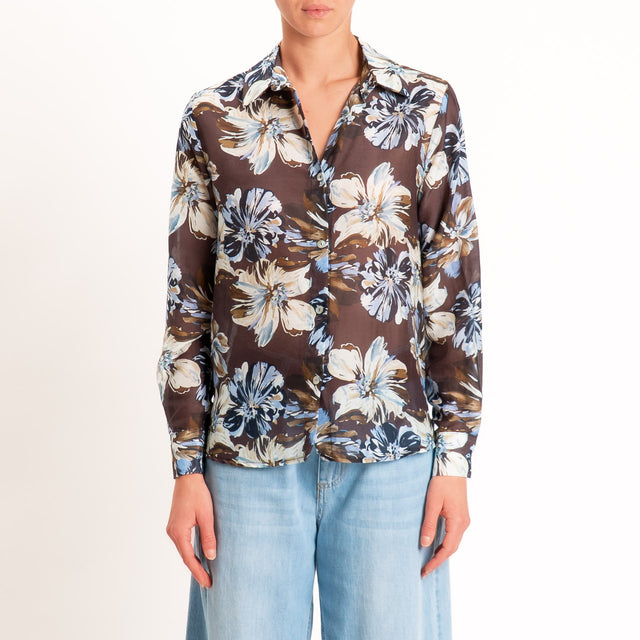 Zeroassoluto-Camicia MIA in mussola seta/cotone - floreale moro/sky/blu
