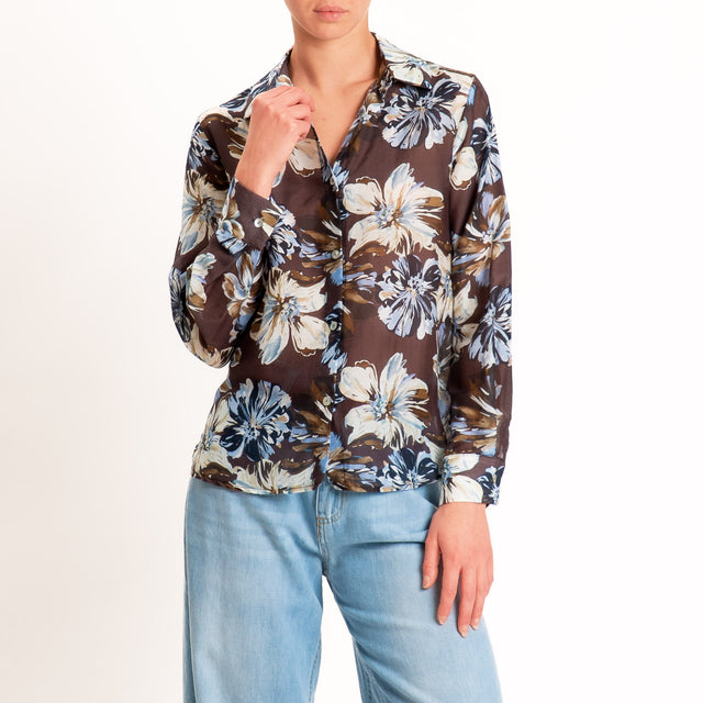 Zeroassoluto-Camicia MIA in mussola seta/cotone - floreale moro/sky/blu