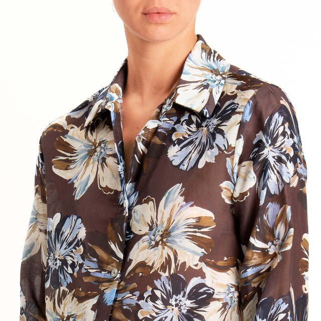 Zeroassoluto-Camicia MIA in mussola seta/cotone - floreale moro/sky/blu