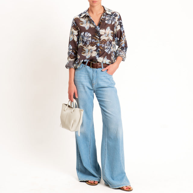 Zeroassoluto-Camicia MIA in mussola seta/cotone - floreale moro/sky/blu