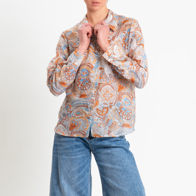 Zeroassoluto-Camicia MIA in mussola seta/cotone fantasia - paisley latte/cuoio/azzurro