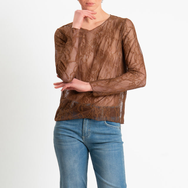 Zeroassoluto-Blusa in pizzo elasticizzato - choco