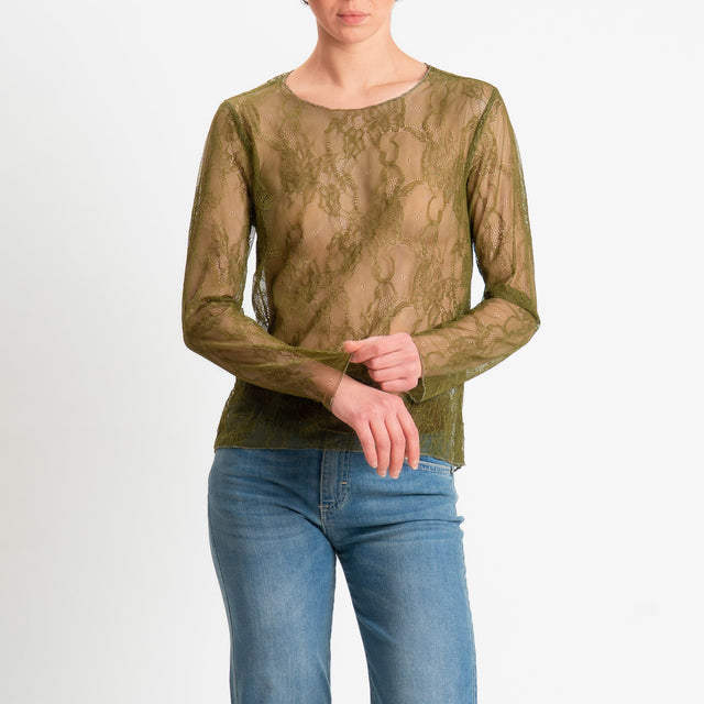 Zeroassoluto-Blusa in pizzo elasticizzato - olive