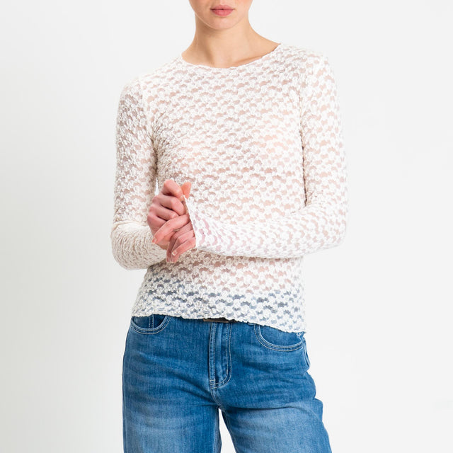 Zeroassoluto-T-shirt manica lunga in pizzo elasticizzato - burro