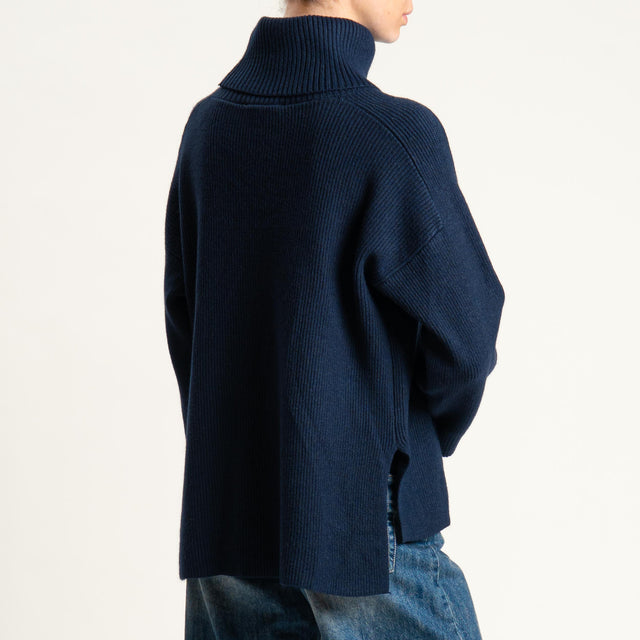 Zeroassoluto-Maglia costa inglese collo alto spacchi laterali - blu