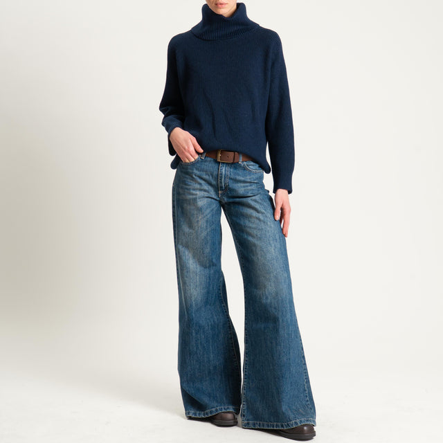 Zeroassoluto-Maglia costa inglese collo alto spacchi laterali - blu